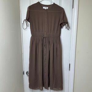 Isaac Mizrahi Womens Target Brown Button Front Pleated Midi Dress Sheer Small